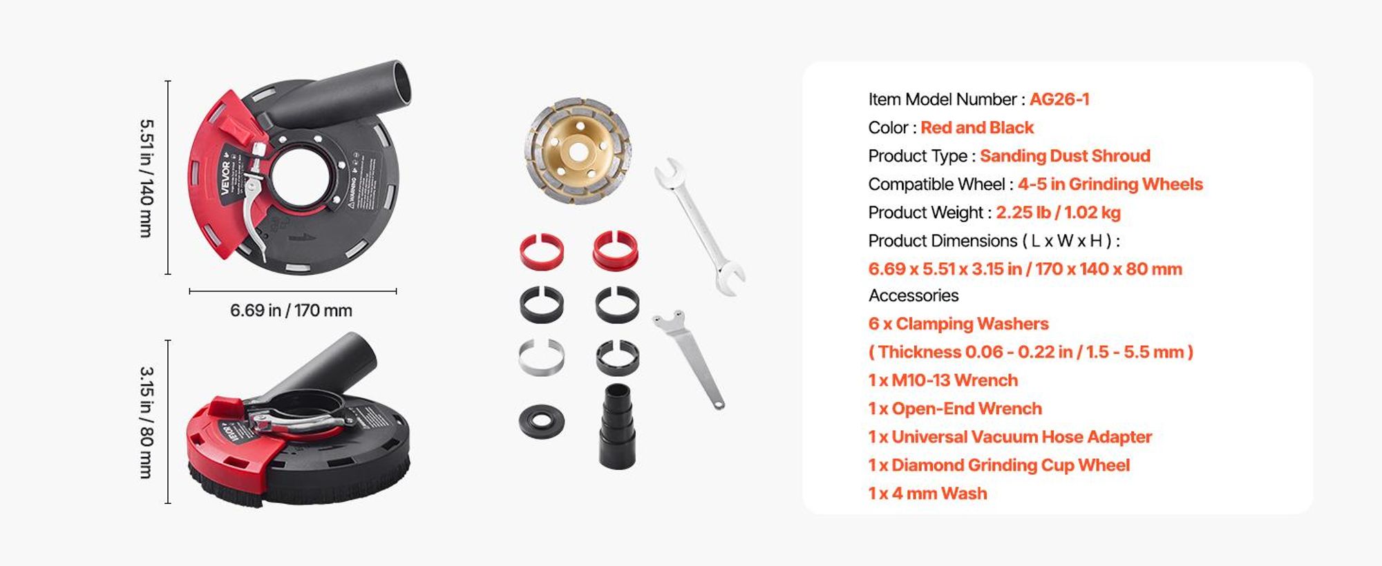 VEVOR Absaugaufsatz Absaughaube Winkelschleifer, universell 100–125 mm, Staubschutz mit 6 Klemmscheiben & 125 mm Diamant-Schleiftopf