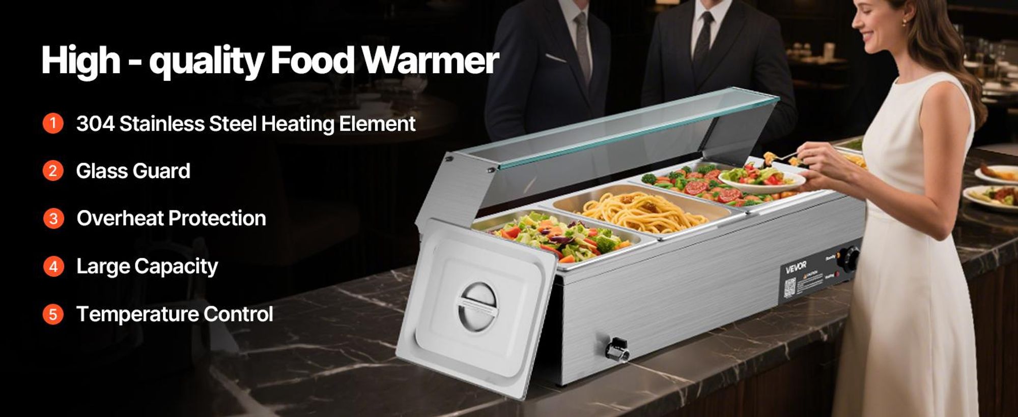 VEVOR 8-Pfannen Gewerblicher Speisenwärmer, 8 x 8QT Elektrischer Dampftisch mit Glasabdeckung, 1700W Edelstahl Buffet Bain Marie 86-185°F Temperaturregelung für Catering, Restaurants, Silber, 3 x 1/2-Größe Pfannen