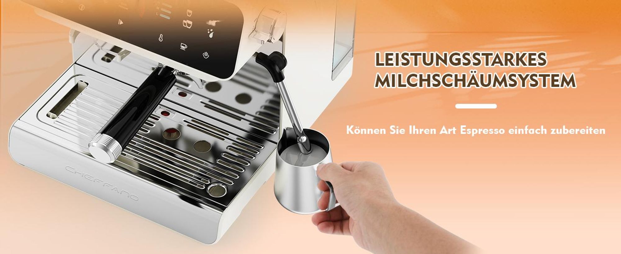 CHEFFANO Espressomaschine mit integriertem Mahlwerk, 20 Bar Pumpdruck, Milchaufschäumer für Cappuccino und Latte, 19 Mahlstufen und 2,8 L abnehmbarer
