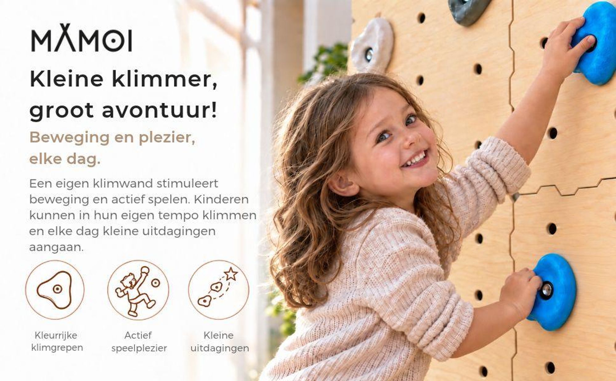 MAMOI® Houten klimmuur voor binnenshuis met 16 klimgrepen | Klimset met panelen en grepen | Meerdere lagen hout | 100% milieuvriendelijk