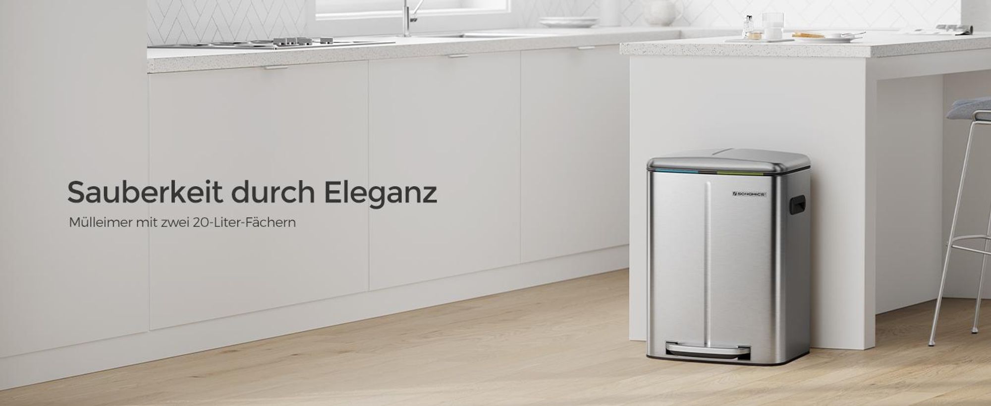 SONGMICS Mülleimer Küche, Treteimer, 2 x 20 L, Mülltrennsystem 2 Fächer, Silbern