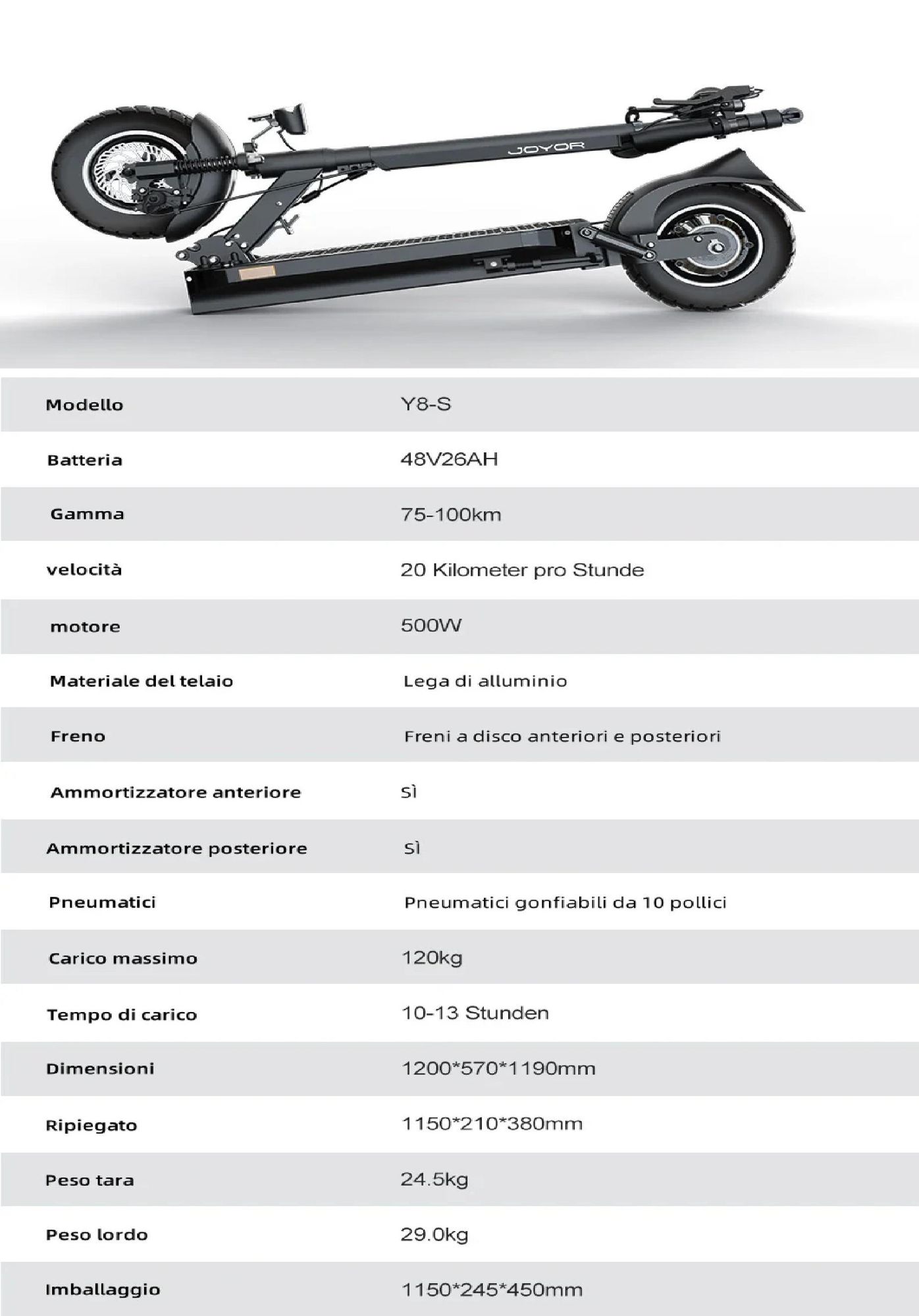 JOYOR Y8-S Pieghevole ABE Monopattino Elettrico - 500W Motor 48V26AH Batteria Pneumatici da 10 Pollici - Nero