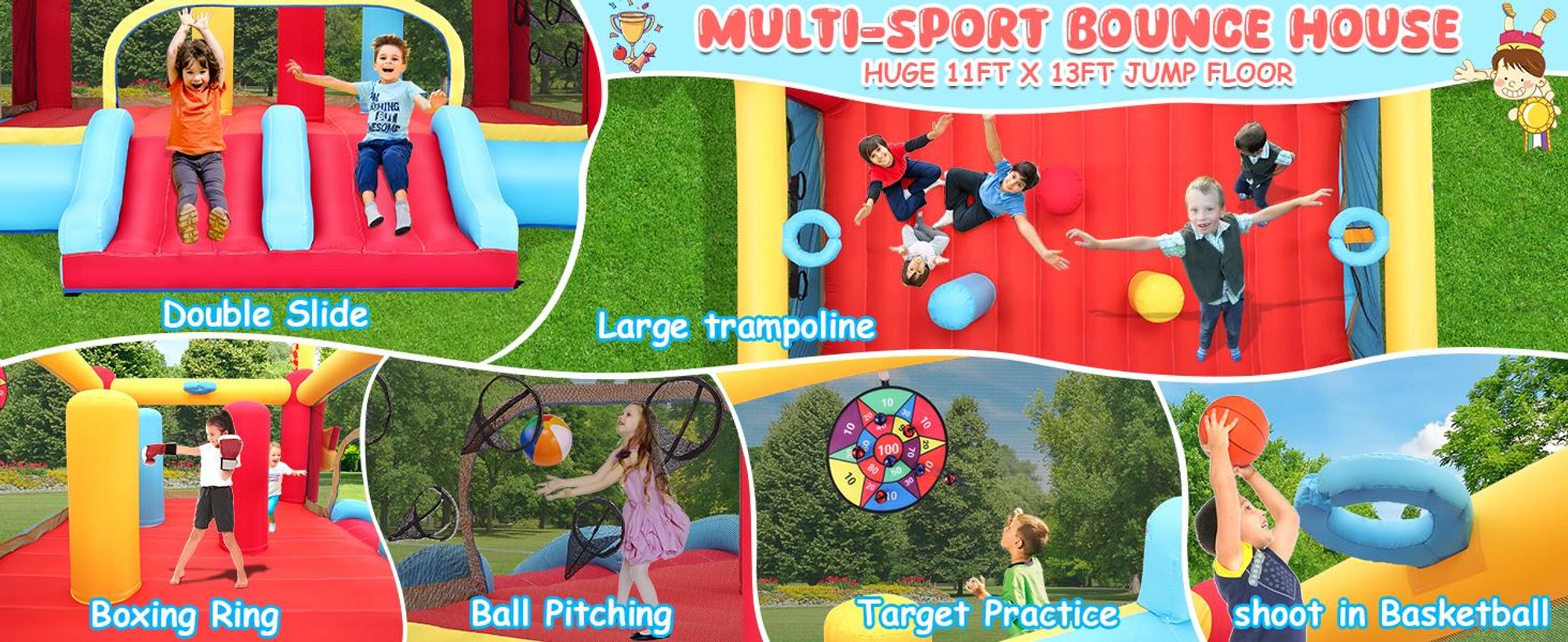 Hüpfburg Hindernisparcours 400x340cm - Kinder Springburg mit Rutsche Basketball 3-12 Jahre + 550W Gebläse, Hüpfburgen