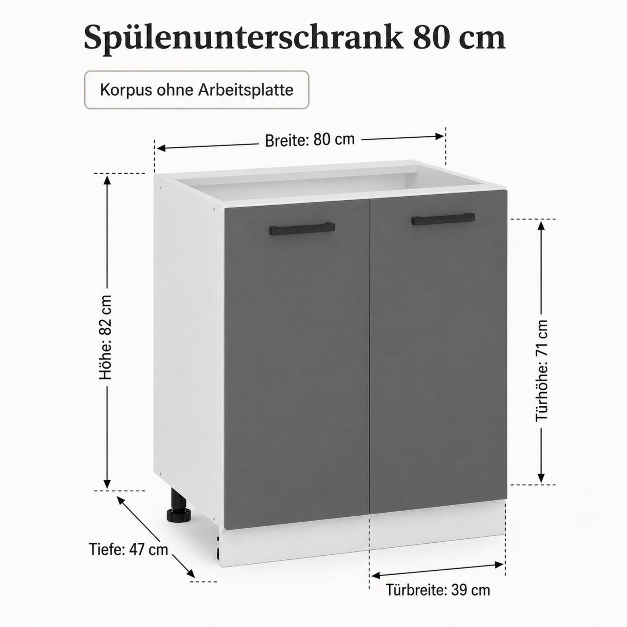 Spülenunterschrank 80 cm Anthrazit: Produktdetails & Bohrabstand 128 mm.