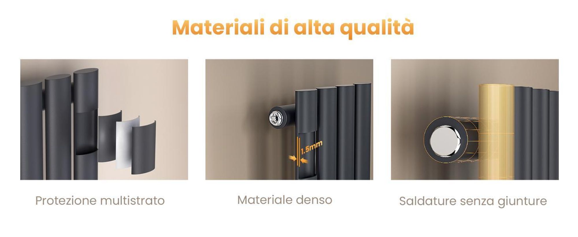 Radiatore tubolare di design EMKE per il funzionamento ad acqua calda con attacco centrale verticale ovale monostrato 266 watt 24cm x 90cm antracite senza elemento riscaldante