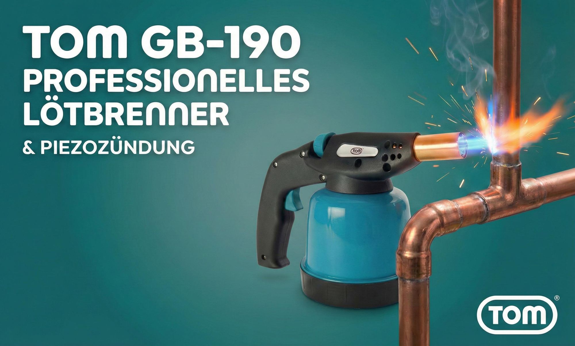 Lötbrenner Gasbrenner Bunsenbrenner | TOM GB-190 | 1300W | 94,5 g/h | Piezozündung | Kartuschen Brenner Stufenlos regulierbar