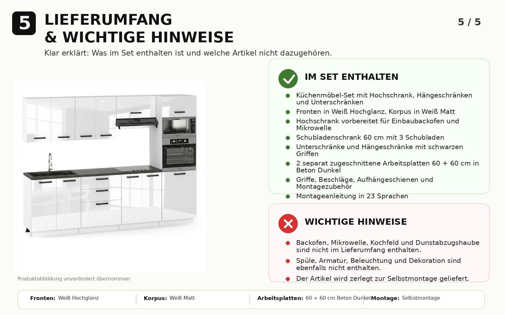 Lieferumfang der Küche mit Hochschrank, Schränken, Arbeitsplatten und Montagezubehör.