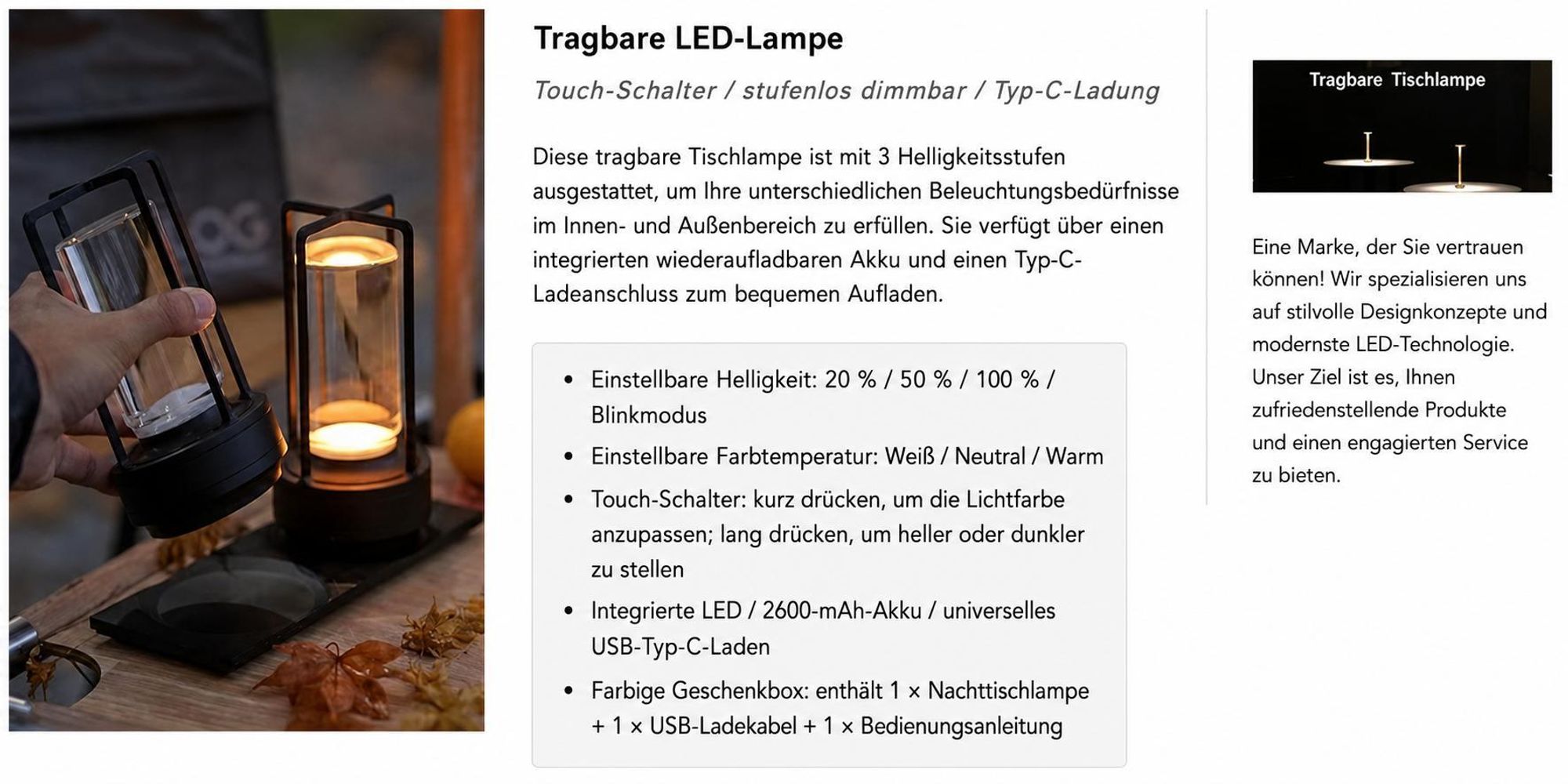 Tragbare Metall-Tischlampe für Innen/Außen, Wiederaufladbare Kabellose LED-Lampe, 3-Farben Stufenlos Dimmbar,Restaurant/Schlafzimmer/Bar/Campinglicht