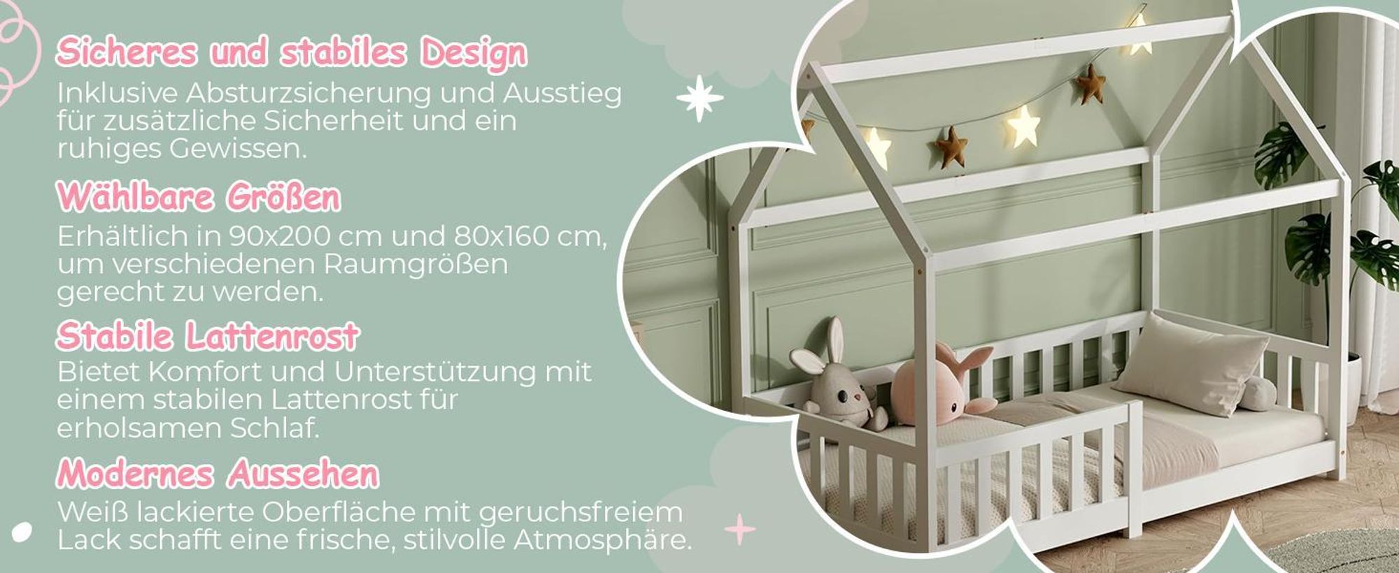 Kinderbett 90x200 mit Rausfallschutz und Lattenrost, Hausbett - Kinderbett 90x200 für Kinder - Kinderbett Hausbett 90x200 Weiß