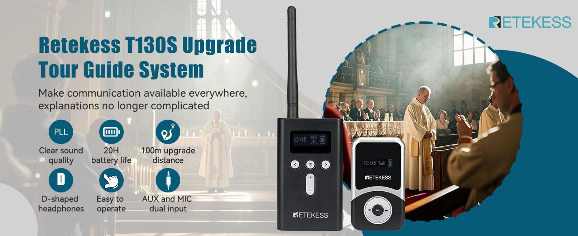 Průvodcovský systém Retekess T130S, 100M audio průvodce, 49 kanálů, D-sluchátka, bezdrátový průvodcovský systém pro turistiku, prohlídky továren