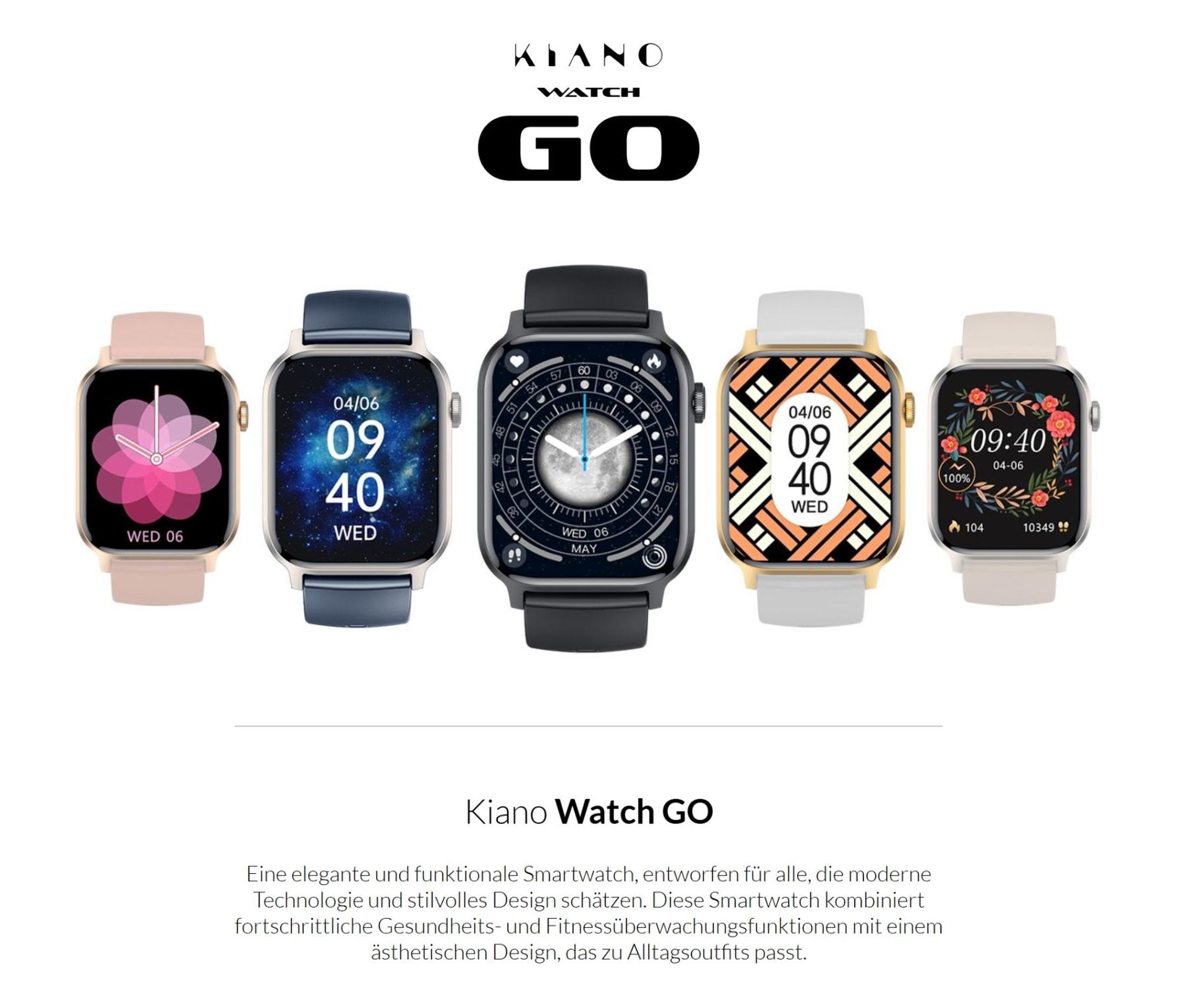 Kiano Watch GO Smartwatch AMOLED 1.91" Bluetooth Anrufe Puls Blutdruck SpO2 Fitness Tracker IP68 Android iOS bis 10 Tage Akku