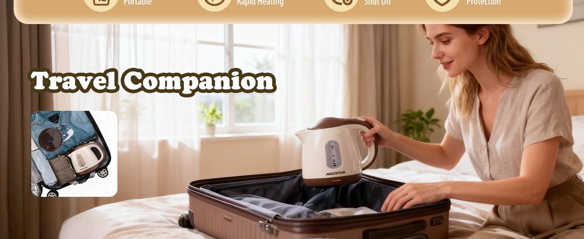 Aigostar- Klein Wasserkocher 1 L, 1100W, Mini Wasserkocher für Schlafzimmer, Reisen, Camping, Abnehmbarer Filter, Braun