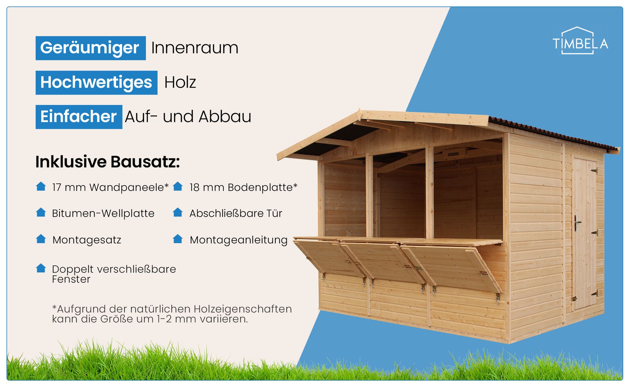TIMBELA M150A H232x336x263 cm/6 m2, große multifunktionale Garten-Bar Verkaufshütte Verkaufsstände aus Holz
