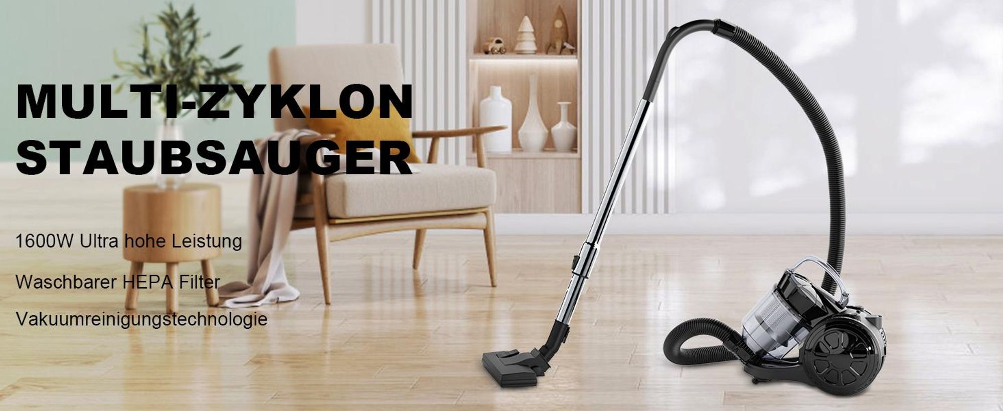 Staubsauger, beutellos, leicht 1600 Watt, leistungsstarker Bodenstaubsauger mit Kabel für Teppiche, Hartböden, Tierhaare 2,5 Liter.