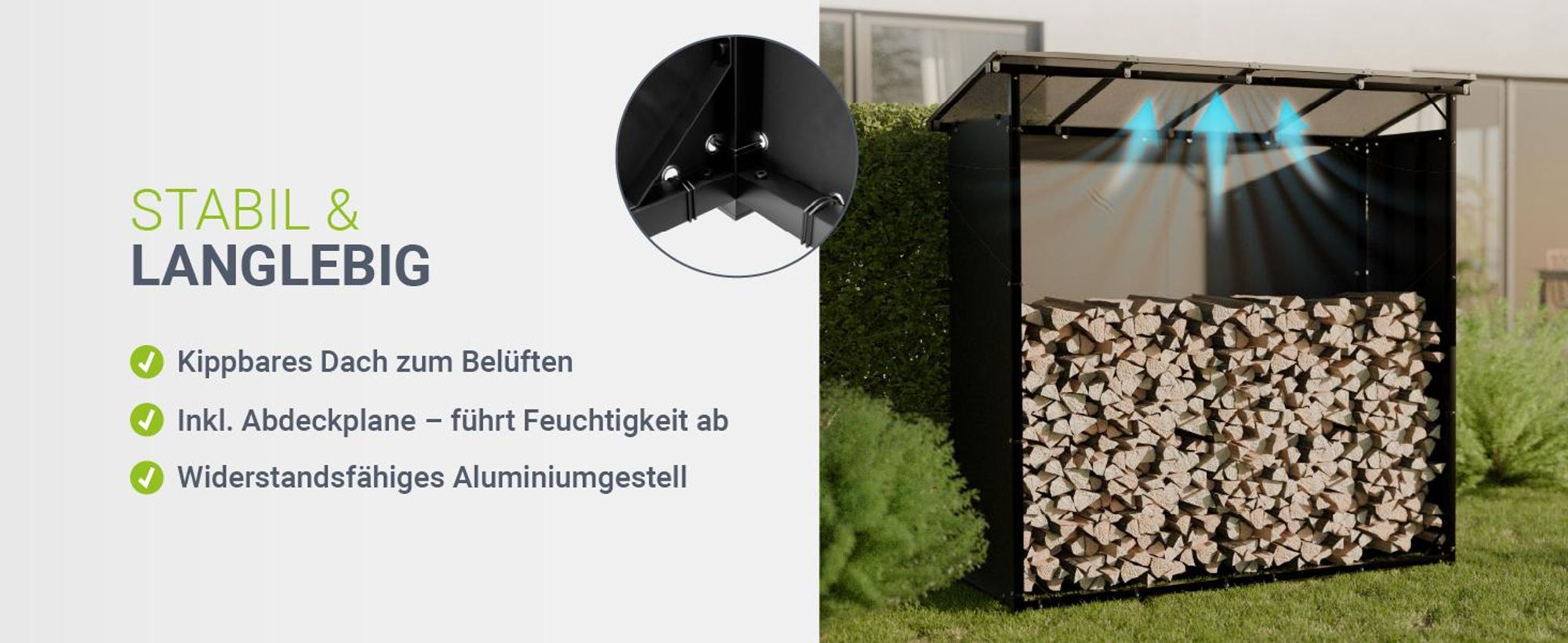 Juskys Kaminholzregal mit Dach 185x70x185 cm, 2,4 m³, wetterfest & stabil mit Zubehör