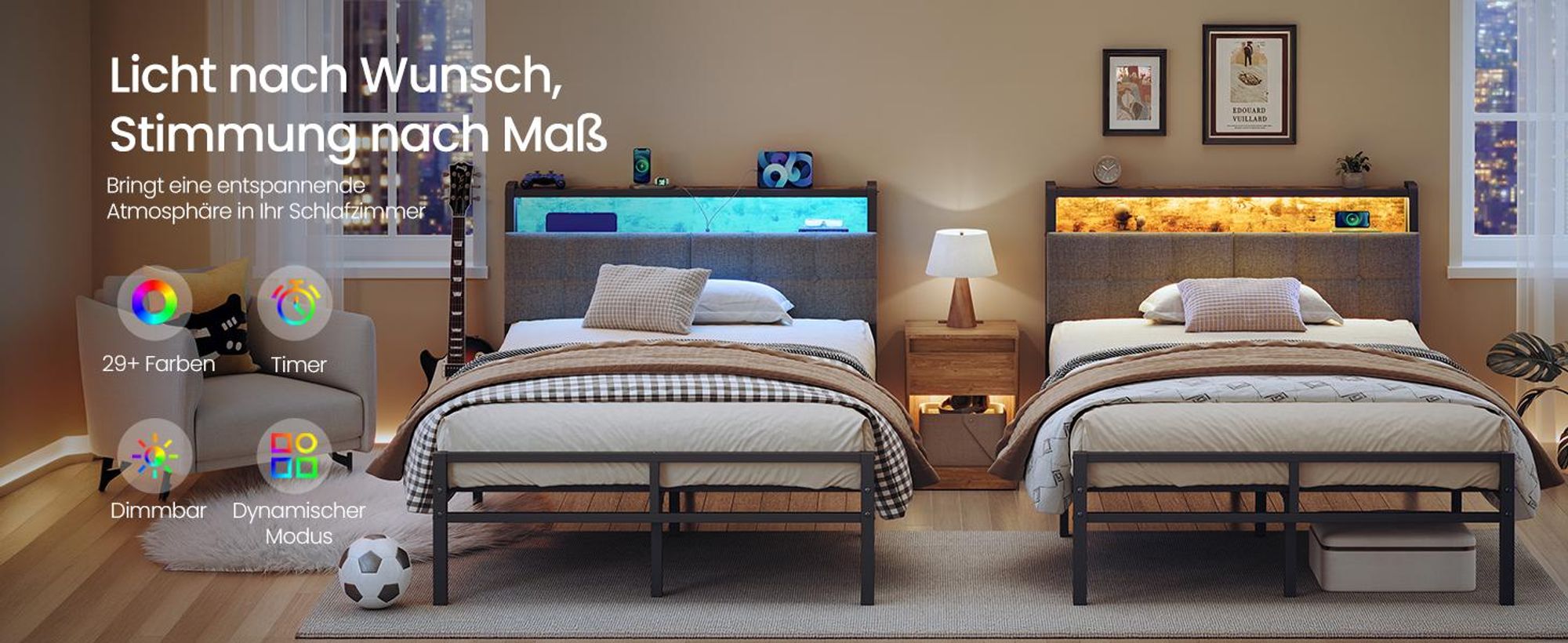 VASAGLE Metallbett 120 x 200 cm mit LED-Beleuchtung, Steckdosen und Stauraum Schwarz