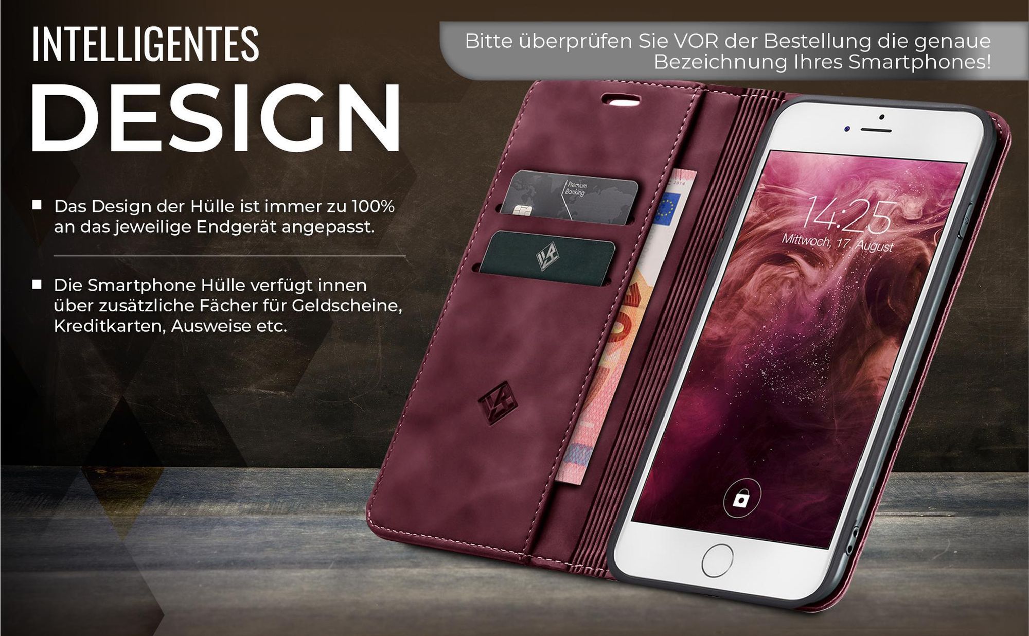 Edle Schutzhülle in Weinrot für Apple iPhone 7 Plus / 8 Plus mit Kartenfächern und Geldfach