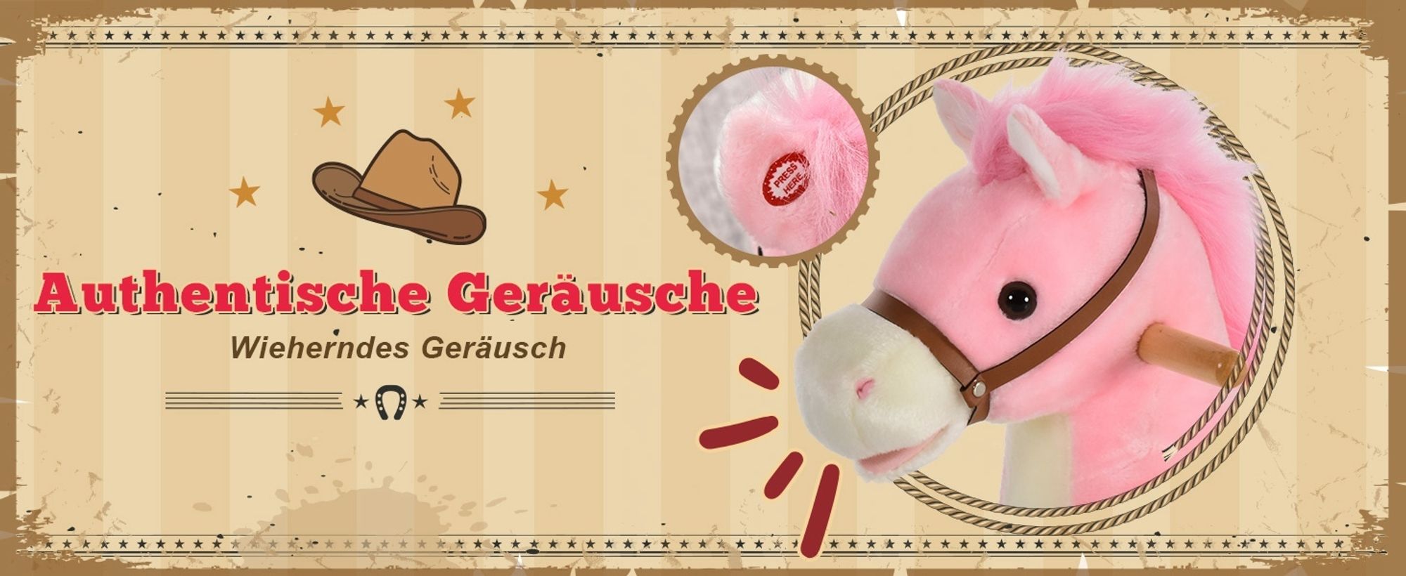 HOMCOM Kinder Schaukelpferd Baby Schaukeltier Pferd mit Tiergeräusche Spielzeug Haltegriffe für 36-72 Monate Plüsch Rosa 65 x 32,5 x 61 cm