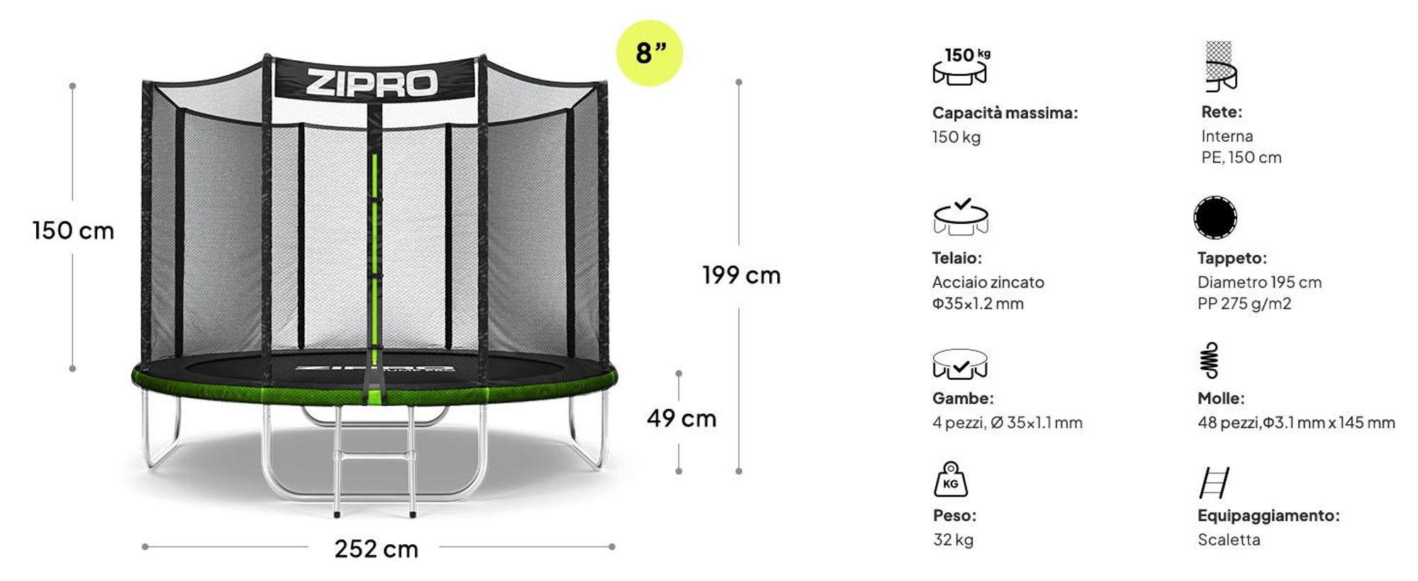 ZIPRO Trampolino Jump Pro Out | 8FT Ø 252 cm | Trampolino da giardino Trampolino per bambini Set completo incl. rete esterna, scaletta e copertura perimetrale, per esterni, verde