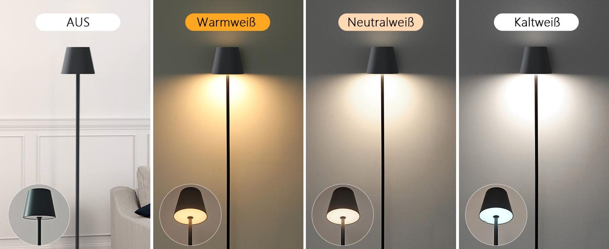 LED Stehlampe, Kabellose Stehlampe, Akku Stehlampe, Stehleuchte, Standleuchte, Leselampe, Dimmbar 3 Farbtemperaturen, USB Aufladbar