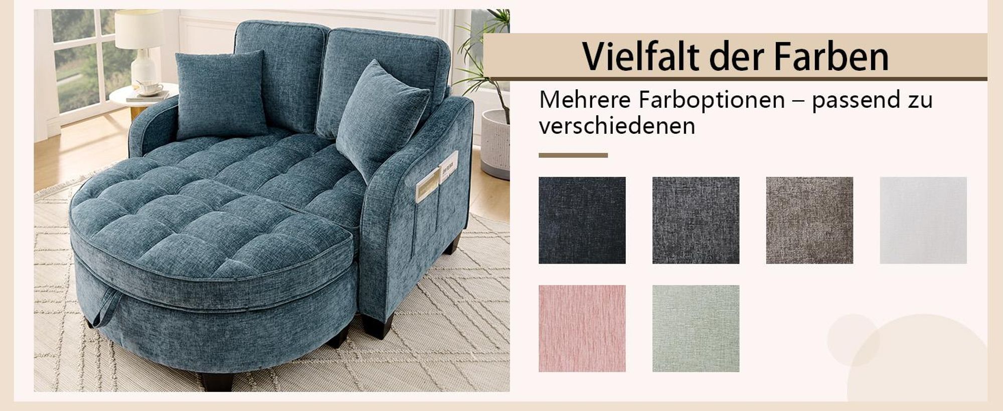 MODFU Multifunktionales Sofa Schlafsofa mit Aufbewahrungs-Hocker,Relaxsofa mit rutschfeste Kunststoffbeine,Blau