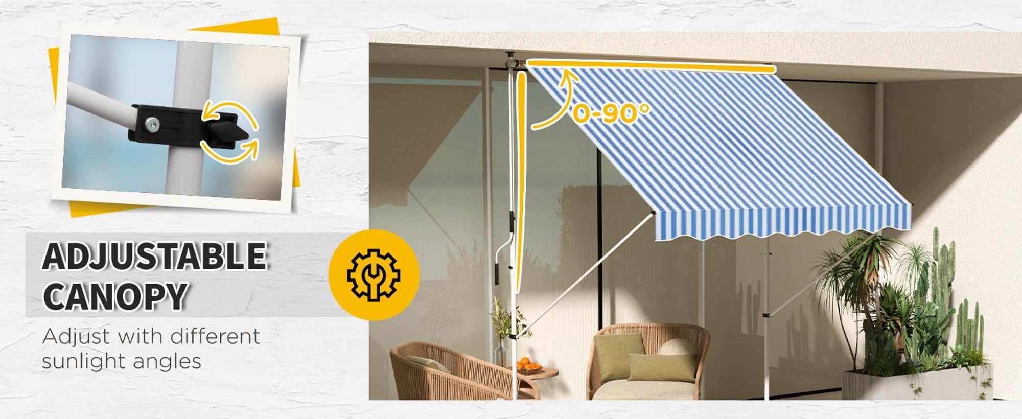 Markiza Outsunny z korbą, regulowana wysokość, z ramieniem przegubowym, odporna na zabrudzenia i warunki atmosferyczne, markiza balkonowa o szerokości 150 cm, markiza tarasowa na taras, balkon, werandę, niebiesko-biała