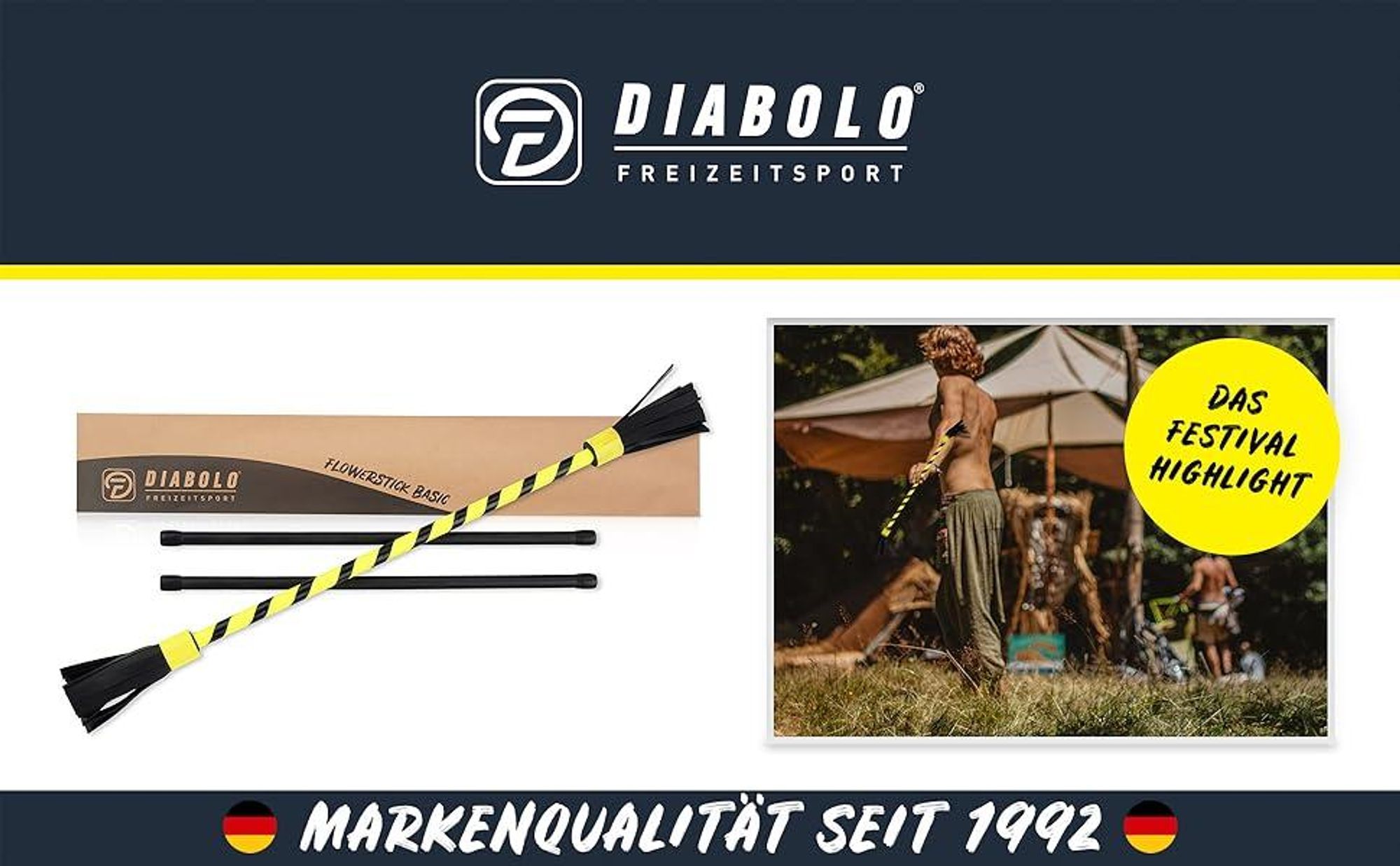 Diabolo Leisure Sport Flowerstick – Flowerstick Basic UV gelb mit Fiberglas Handstöcken | Robuster Flowerstick für Anfänger und Fortgeschrittene