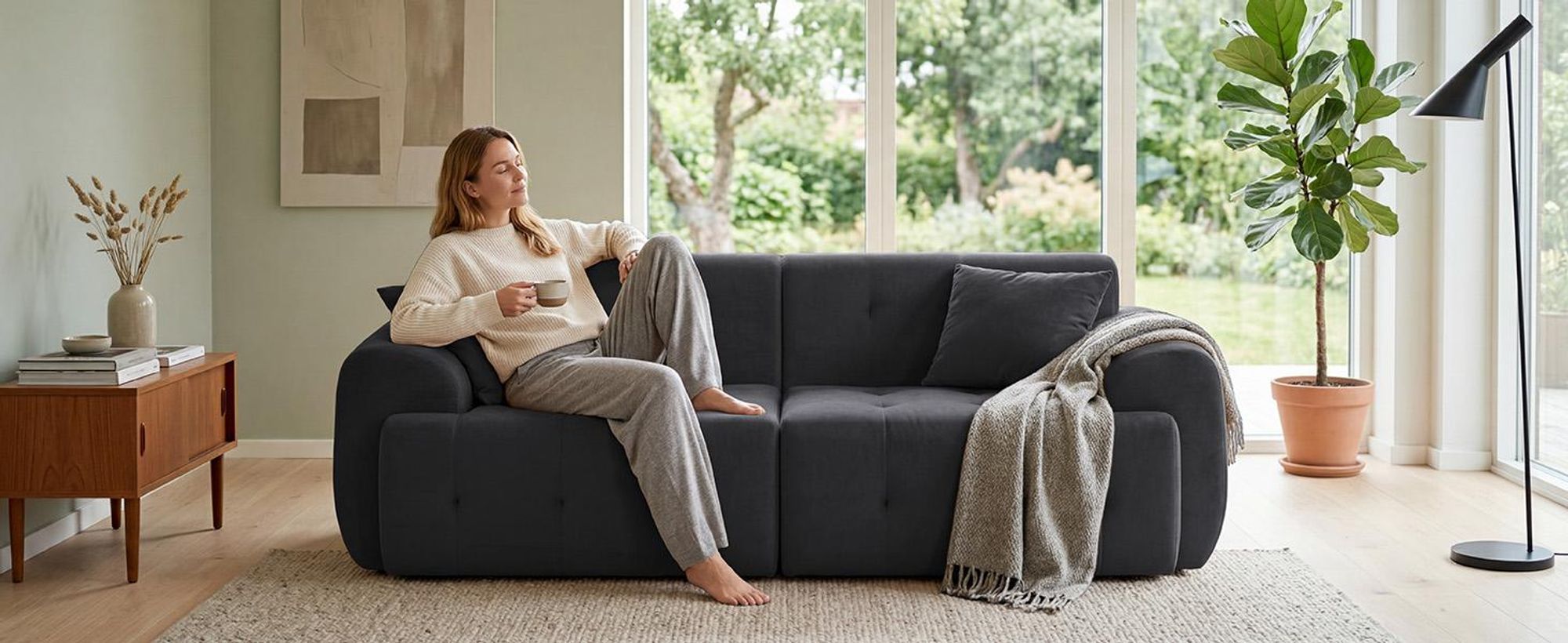 COMHOMA Bank, 2-zits, 180 x 86 x 40 cm, vloerkussen, bank met rugleuning, kussens en armleuningen, moderne stoffen bank voor woonkamer, appartement, grijs
