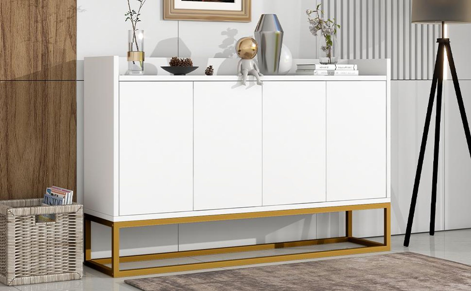 STILVORA Sideboard im minimalistischen Stil 4-türiger griffloser Buffetschrank für Esszimmer, Wohnzimmer, Küche, mit zwei verstellbare Regale weiß