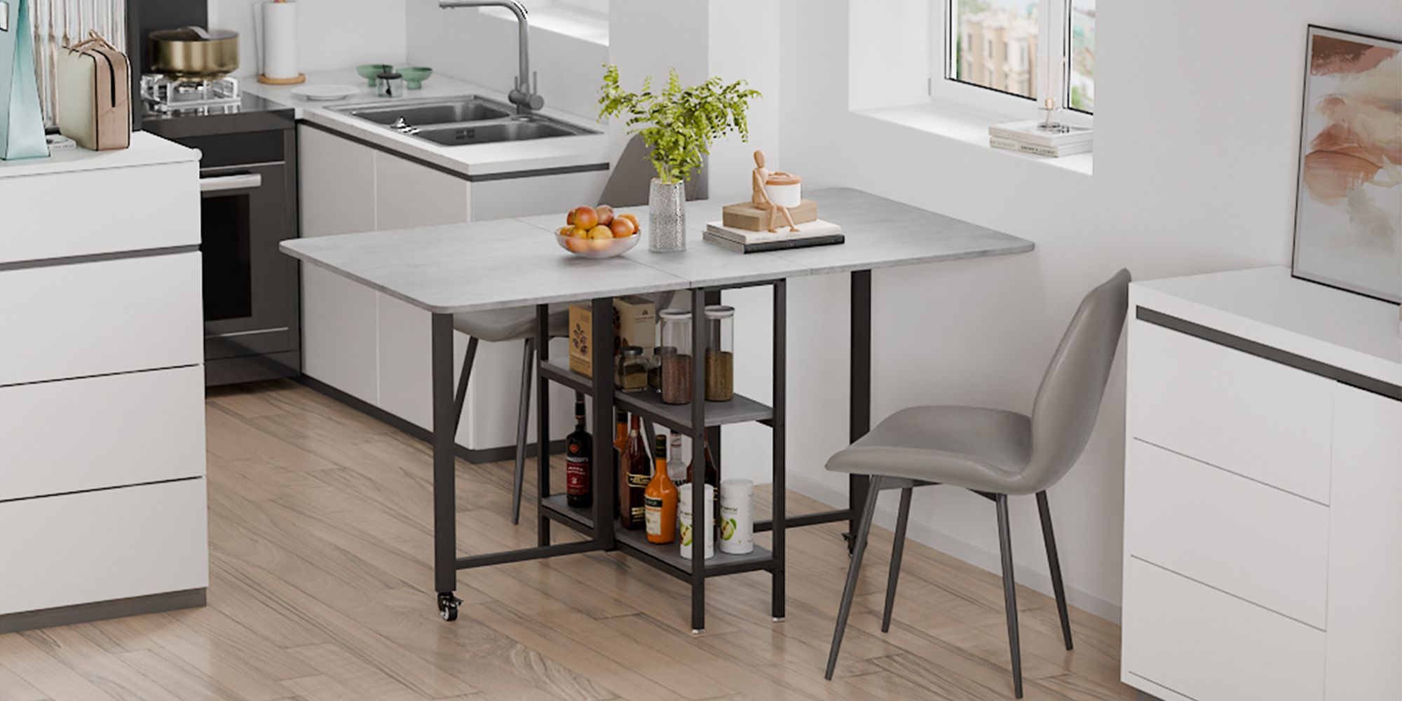 Mondeer Klappbarer Esstisch Küchentisch mit 2 Ablagen und Rollen 140 x 80 x 75 cm Grau
