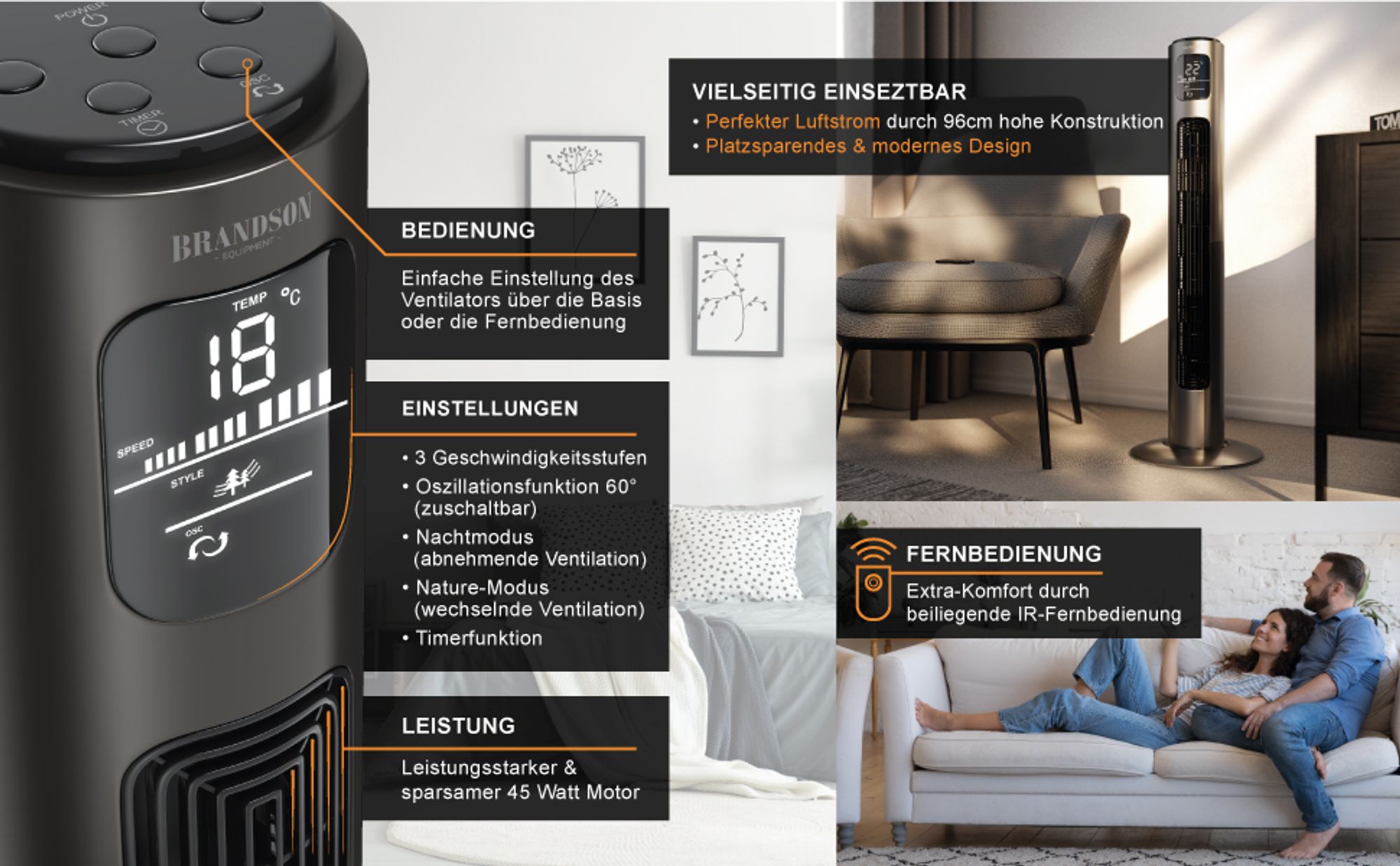 Turmventilator in Grau mit Digitalanzeige, IR-Fernbedienung und vielseitigen Funktionen