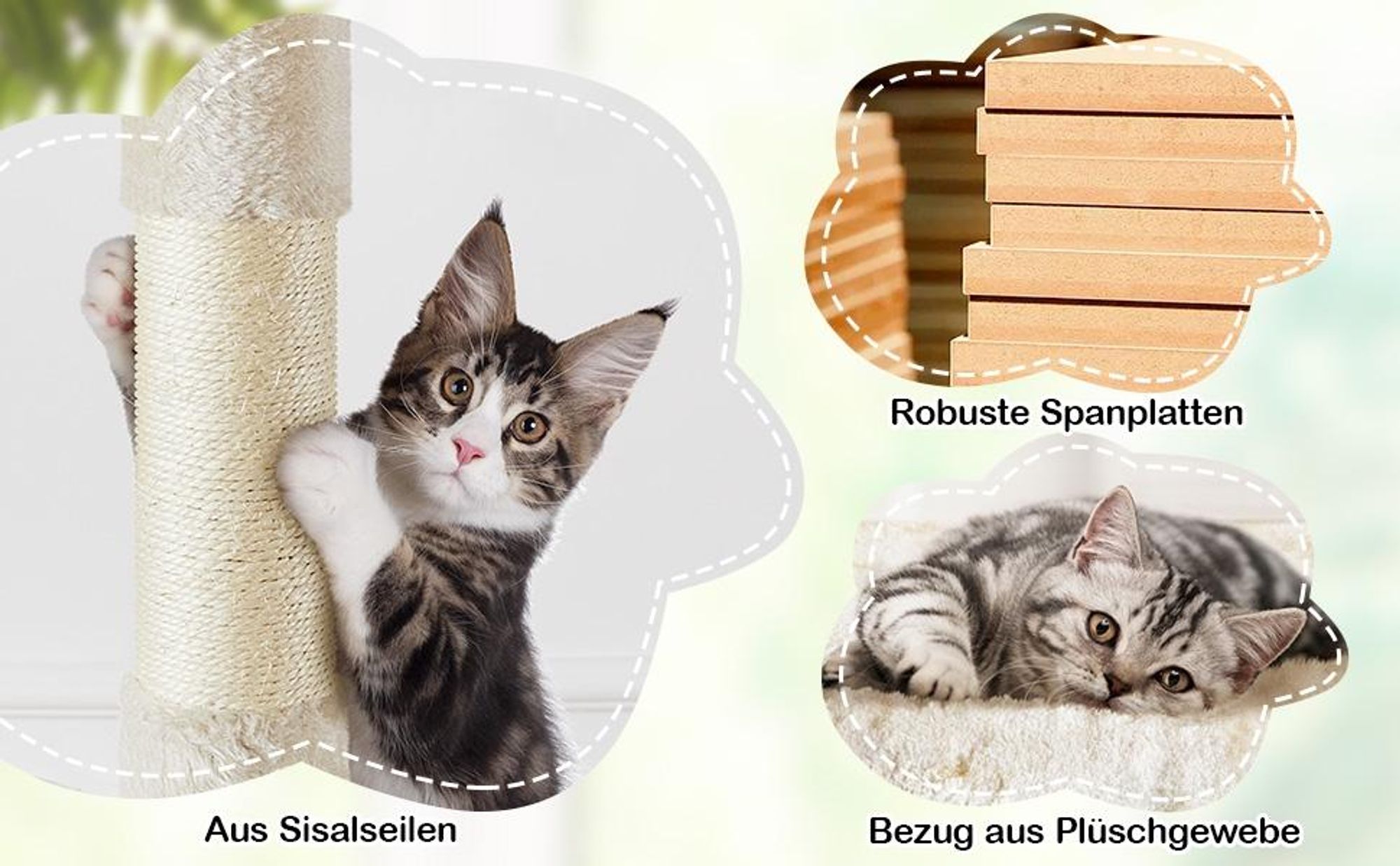 Yaheetech XXL Kratzbaum, 202,5 cm, mehrstufig, mit 3 Sisalstämmen, 3 Aussichtsplattformen, 2 Katzenhöhlen & 2 Plüschbällen, Beige