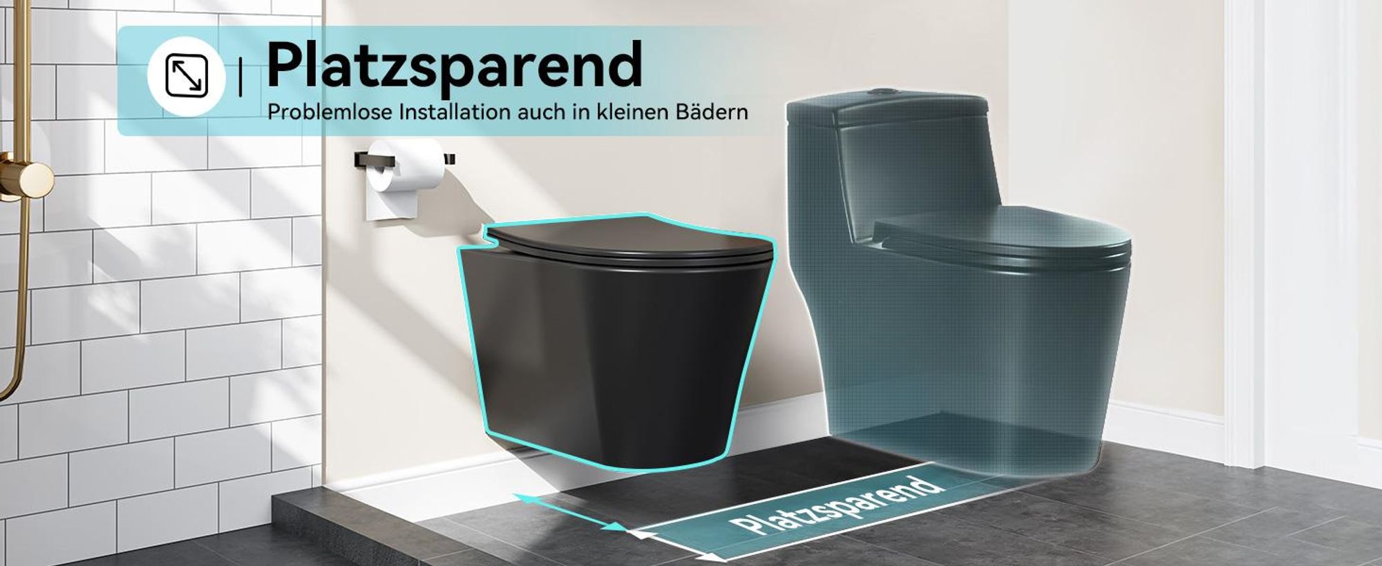 HOROW Matzwart wandtoilet met softclose-mechanisme, spoeling met superspin-technologie, keramische toiletpot met nanocoating 48,5 x 35,5 x 35,5 cm