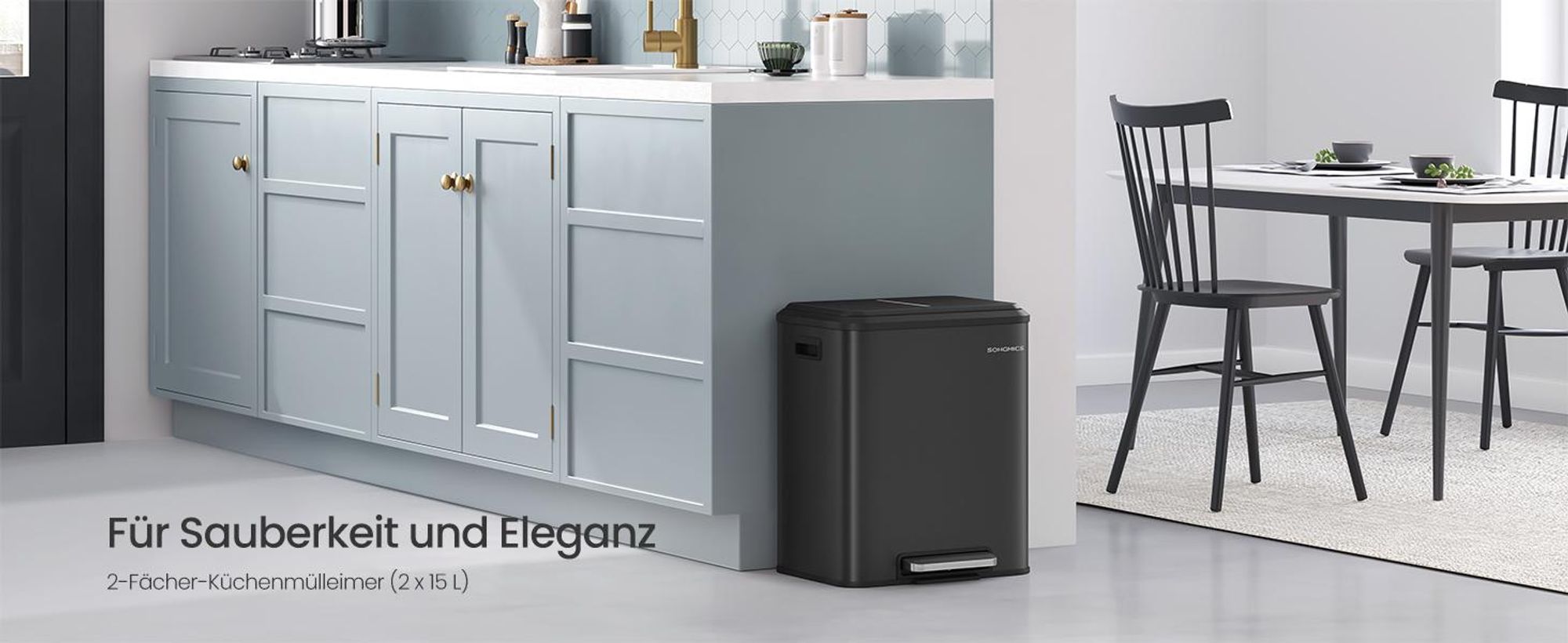 SONGMICS Mülleimer Küche, Mülltrennsystem 2x15L, 2 Fächer,Stahl,Softclose-Deckel