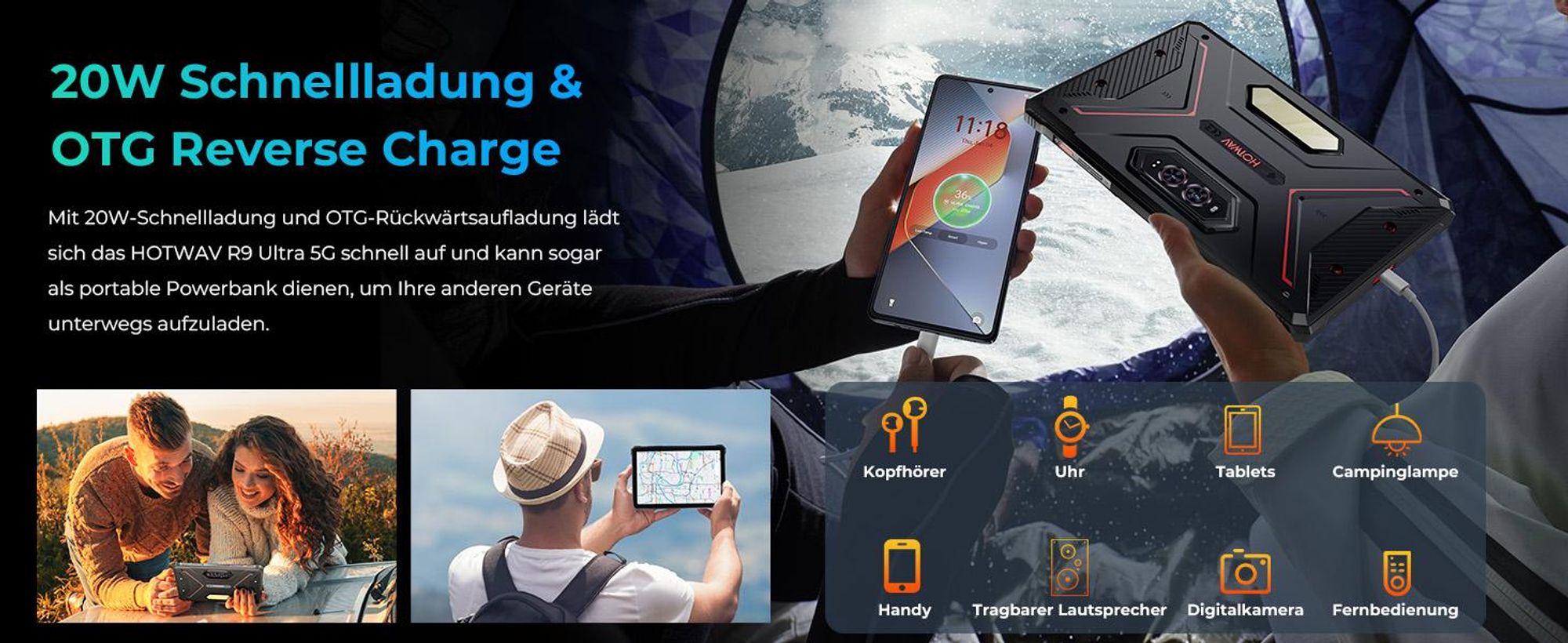 HOTWAV R9 Ultra 5G Outdoor Tablet, 20080mAh Wasserdicht Tablet, Android 15, 11" 2K FHD+ Rugged Tablets 24GB+512GB,64MP IP68/ Dual SIM/5G WiFi/GPS/OTG