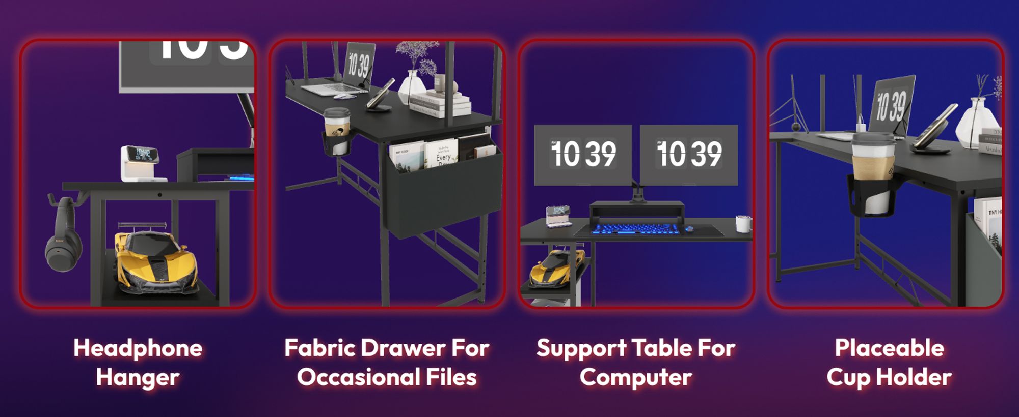 SANODESK Computertisch Gaming Tisch L-Form Schreibtisch Jugendschreibtische mit LED-Beleuchtung, 2 Steckdosen & 2 USB-Anschlüsse, Haken (Schwarz)