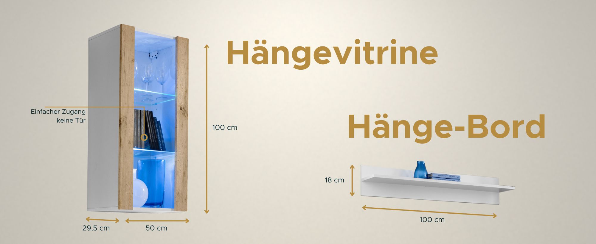 Komodee | Wohnwand mit TV-Schrank und Vitrine Tivoli Set Medio, Korpus Weiß Matt Frontfarbe Wotan Matt, LED Blau