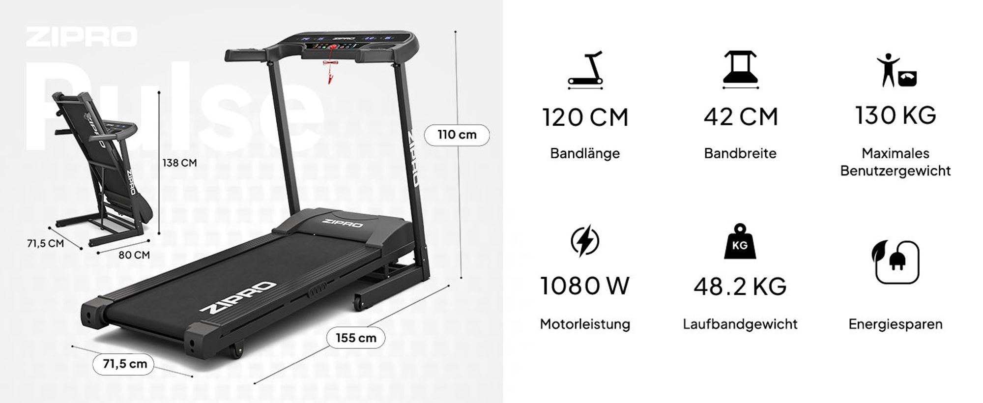 Zipro Laufband Elektrisch Pulse – Mit Automatischer Steigung Belastbar Klappbarer Heimtrainer mit 8-fach Dämpfung Pulsmessung & LED Display Bis 130kg