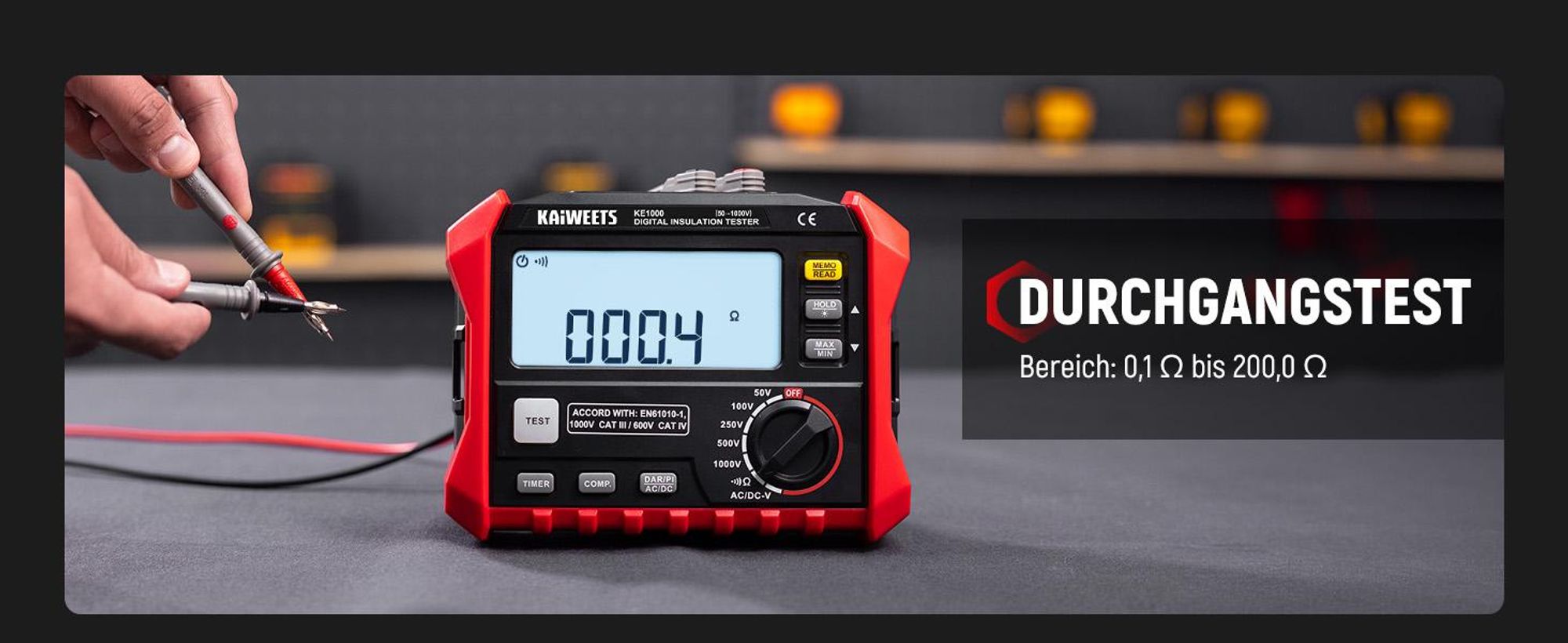 KAIWEETS KE1000 Megohmetro Tester Resistenza Isolamento 100GΩ 1000V
