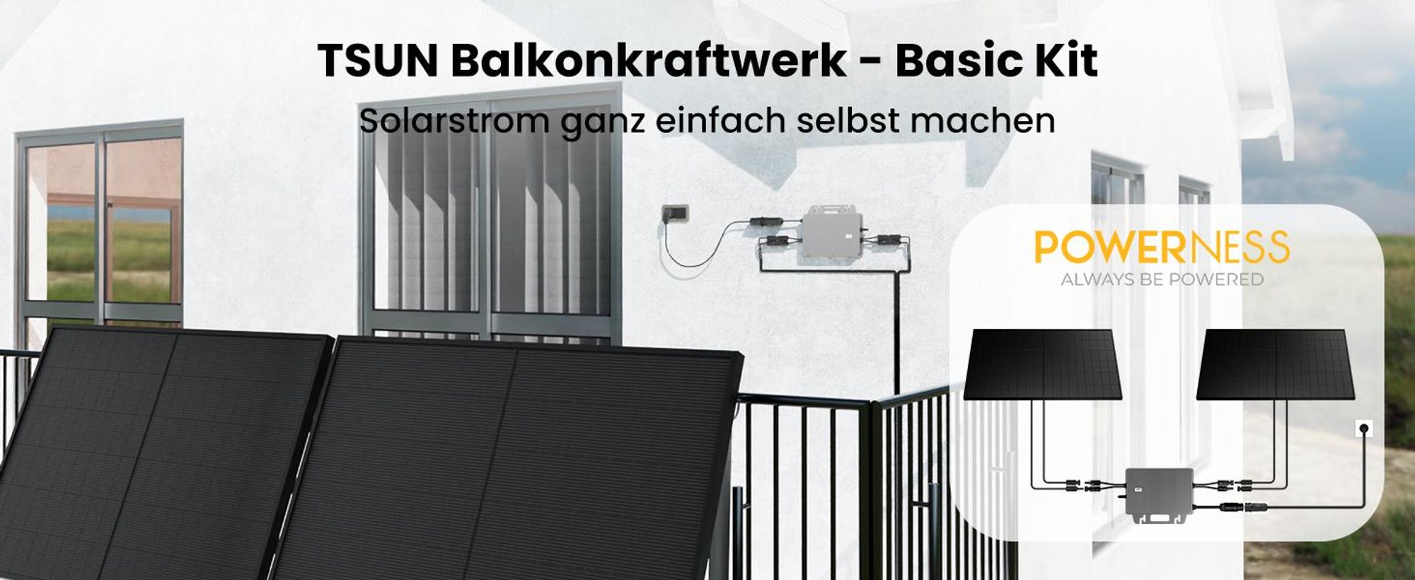 Powerness Balkonkraftwerk, 2x 500W PV Panel Bifazial Glas-Glas Solarmodulen und TSUN 800W Mikrowechselrichter & 4x Kabel für Balkonkraftwerk