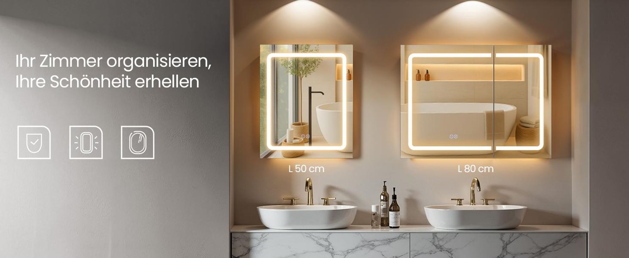 Wandschrank mit Spiegel und LED-Beleuchtung, Vergrößerungsspiegel