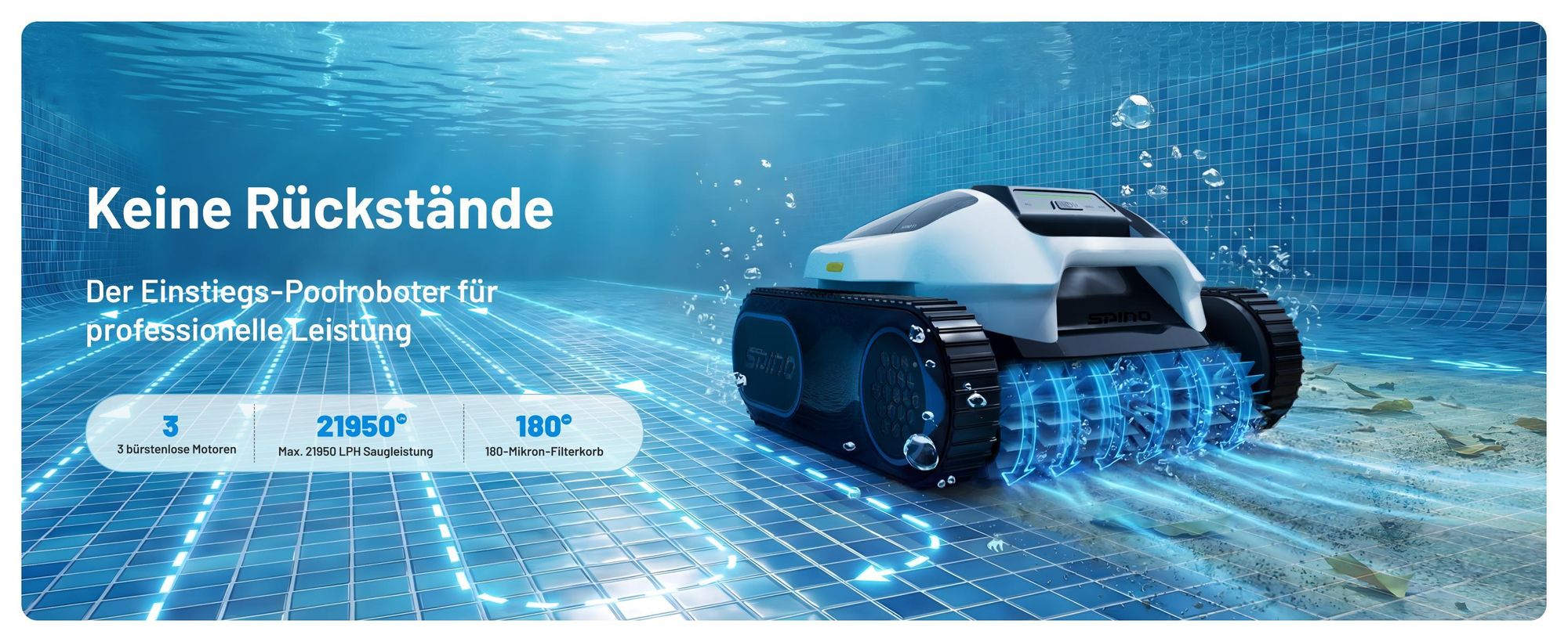 Mammotion Poolroboter Spino E1 Kabellos Poolsauger bis 150m² Pools, 6 Ah, 210 Min Laufzeit, App, SmartArc Routenplan, für Boden, Wand, Wasserlinien