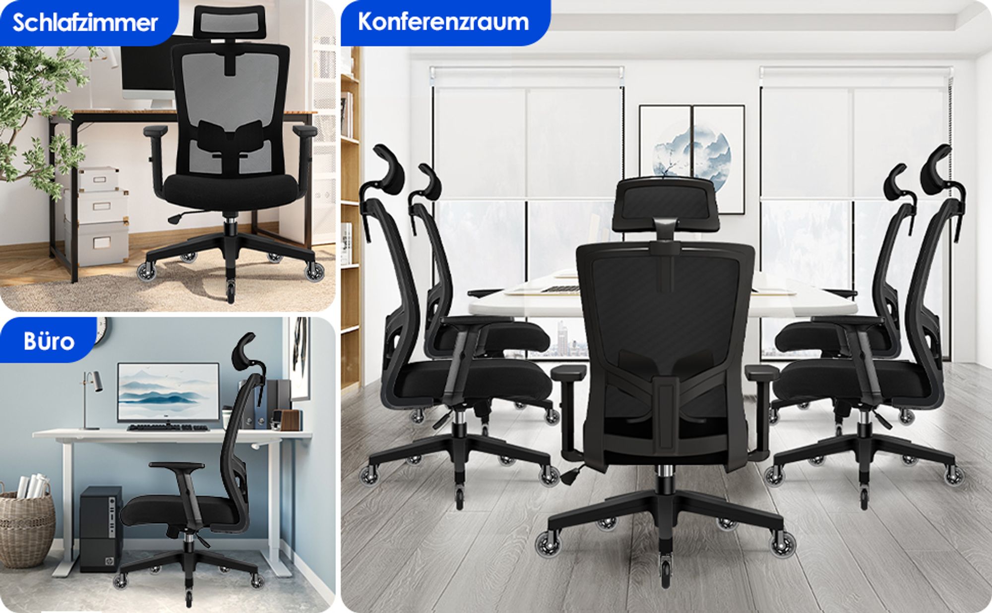Marodic Bürostuhl Ergonomisch Drehstuhl Wippfunktion 90°- 130° Schreibtischstuhl Höhenverstellbare Armlehnen, Verstellbare Kopfstütze Lordosenstütze