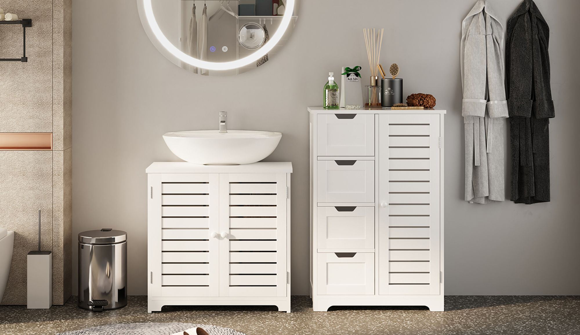 Mondeer Badezimmerschrank Badkommode verstellbare Ablage mit 4 Schubladen 56 x 30 x 82,5cm Sideboard Küchenschrank