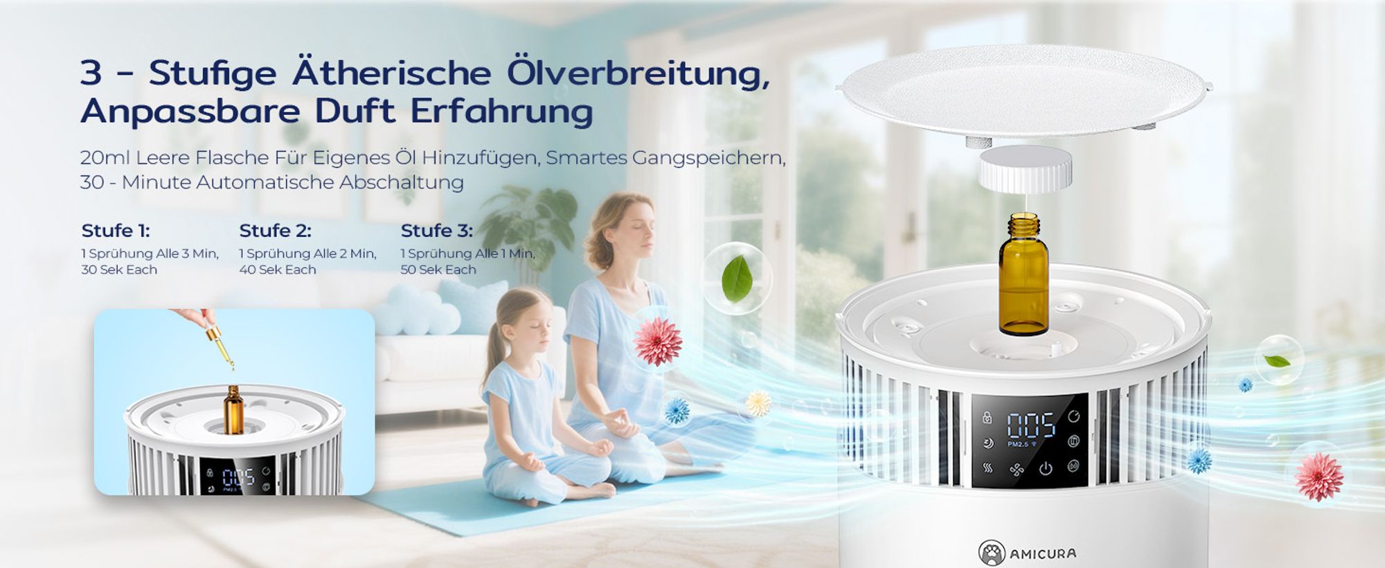 Amicura P2 Luftreiniger für Haustierallergiker, 843m³/h Tierhaarentfernung, 450 CADR - 99% Geruchsneutralisation, H13 Filter, App-Steuerung