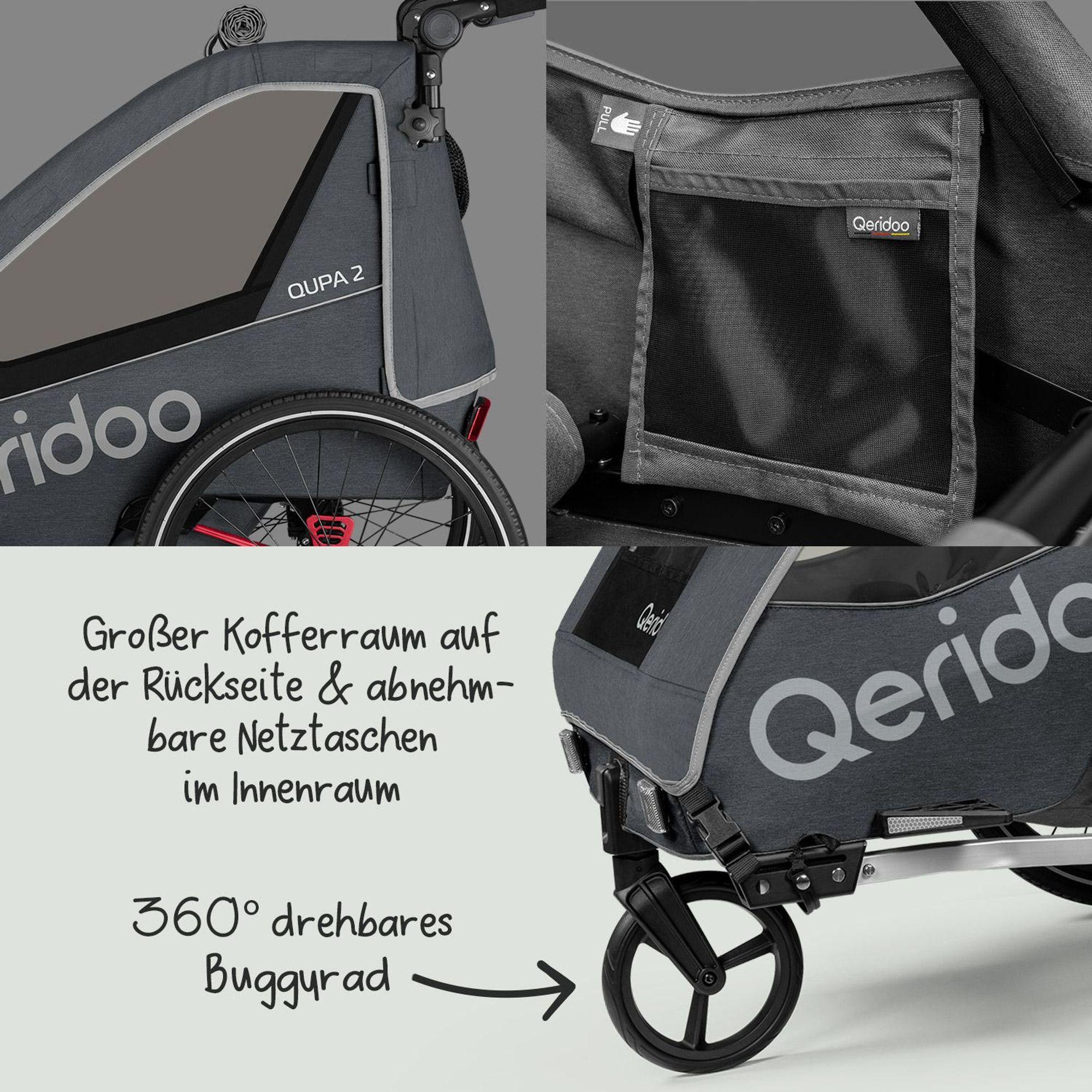 Qeridoo QUPA 2 - Kinderfahrradanhänger für 2 Kinder, Farbe: Grey