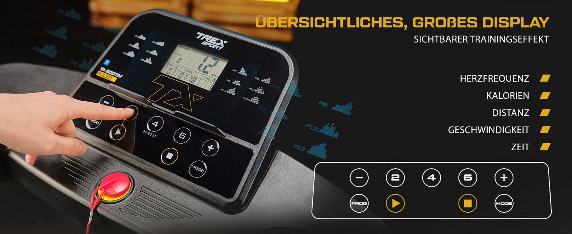 TREX SPORT Laufband für zuhause klappbar elektrisch TX-500TM PULSO | Treadmill mit LCD-Display, Bluetooth, bis 12 km/h, 12 Programme mit Pulssensoren