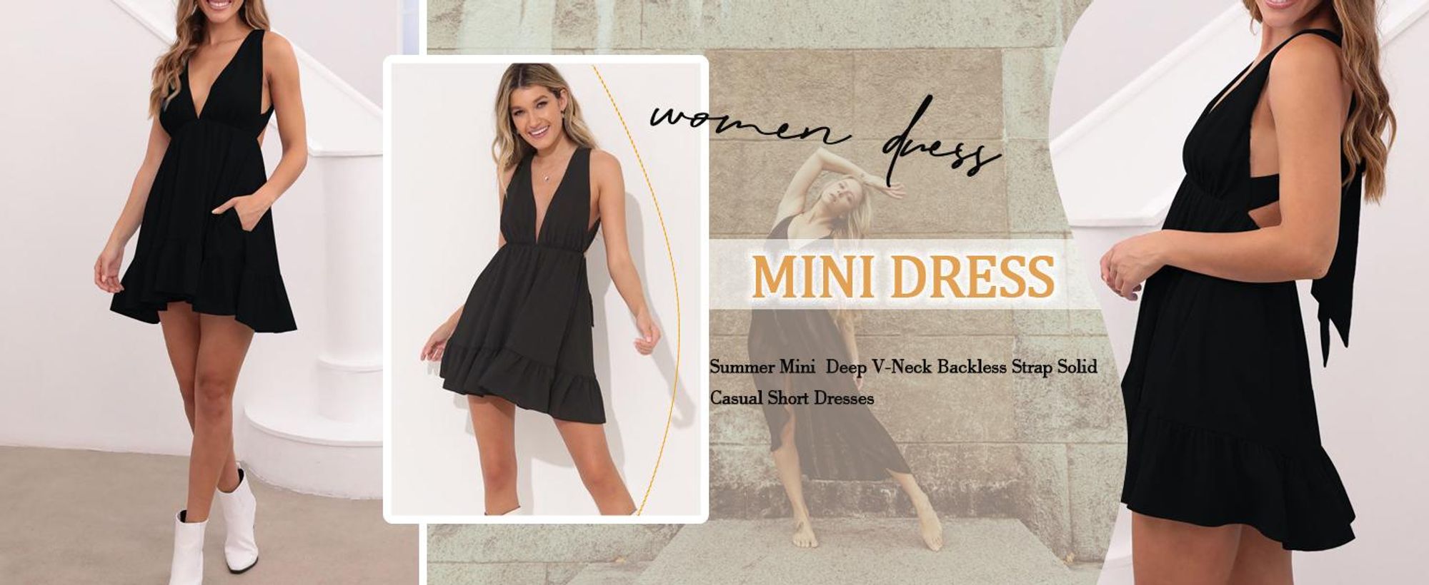 Minikleid für Damen aus plissiertem Stoff, tiefer V-Ausschnitt, offener Rücken.