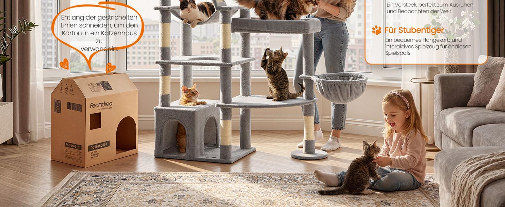 FEANDREA Kratzbaum für Große Katzen, Stabil mit 6 Ruhebereichen und Sisalstämmen, 105 x 45 x 188 cm, Grau