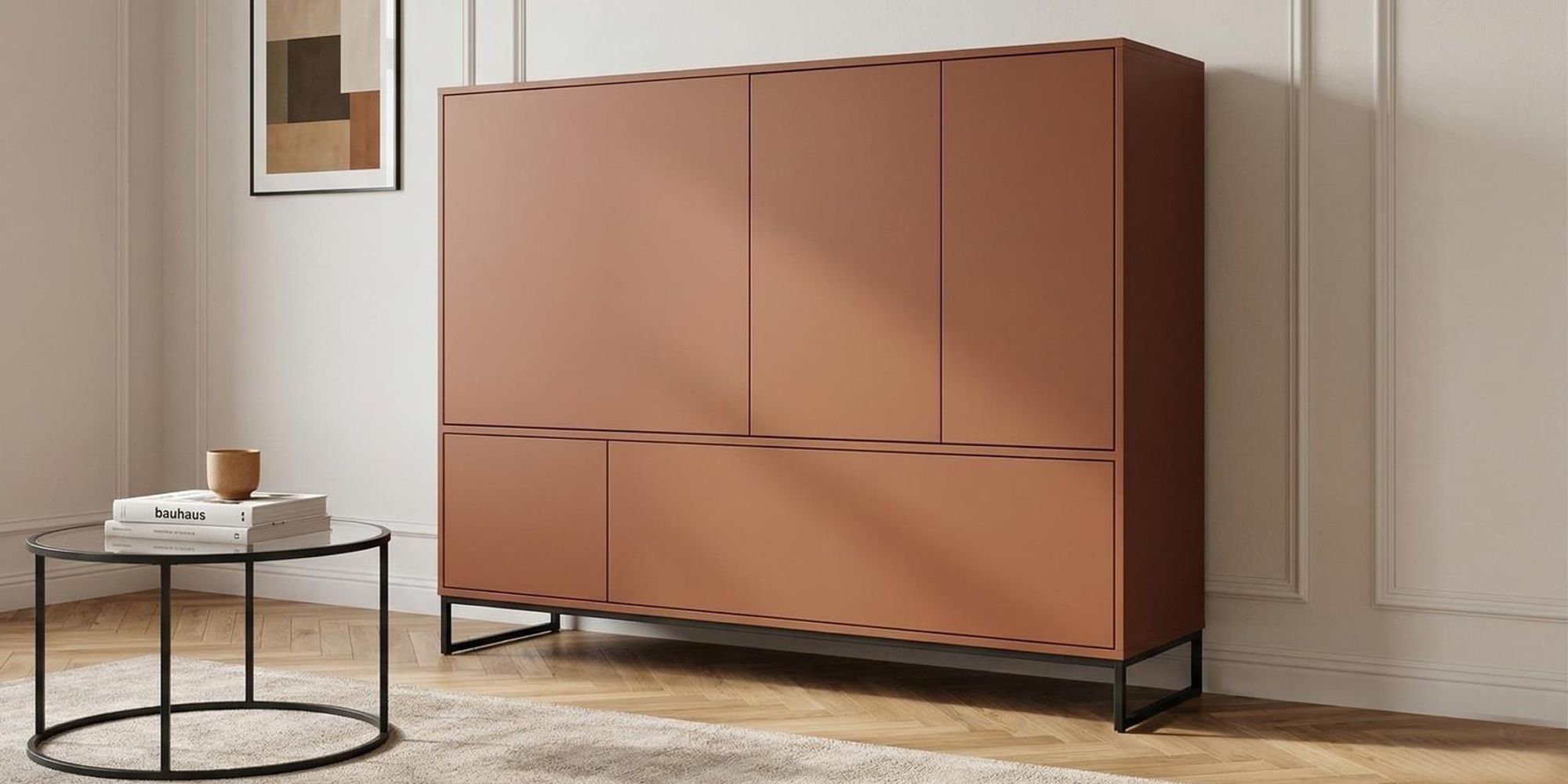 BETTSO Geräumige, hohe Kommode GENUA 160 cm, Terrakotta-Rot, Loft-Boho-Stil, Push-to-Open-Funktion, Metallgestell